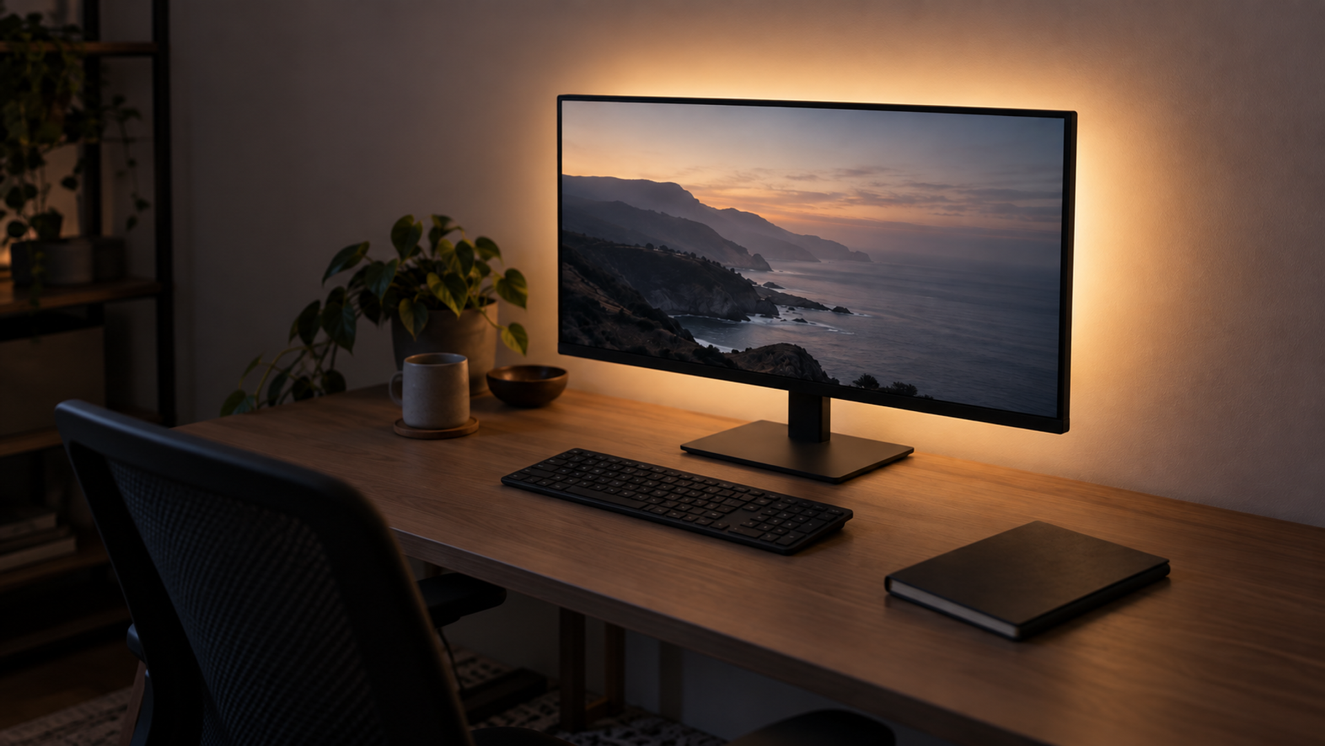 A monitor on a home office desk at dusk with a soft band of neutral light spilling onto the pale wall behind it.