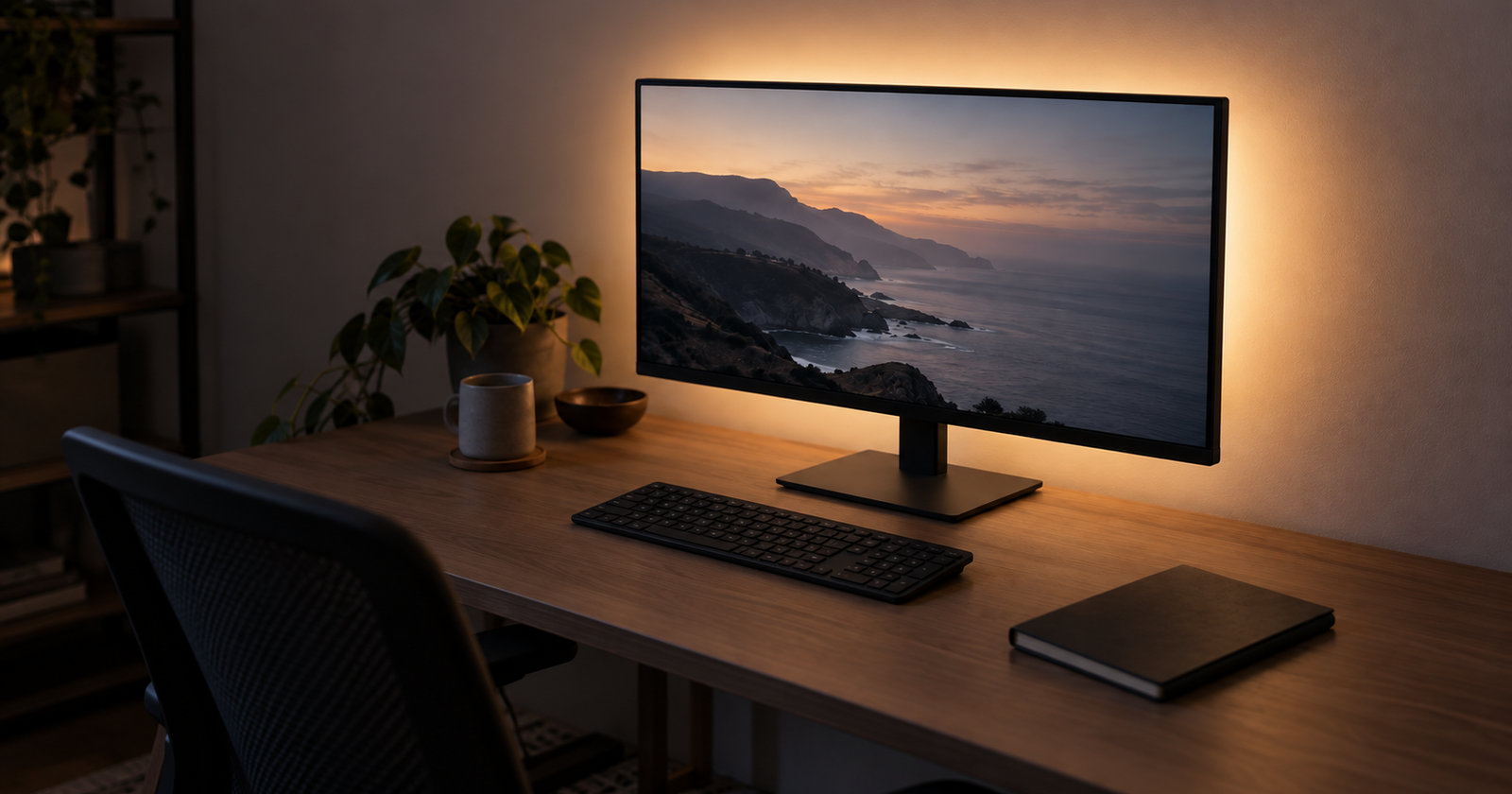 A monitor on a home office desk at dusk with a soft band of neutral light spilling onto the pale wall behind it.