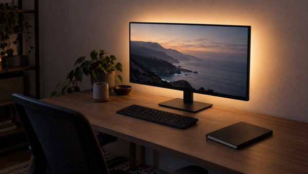 A monitor on a home office desk at dusk with a soft band of neutral light spilling onto the pale wall behind it.