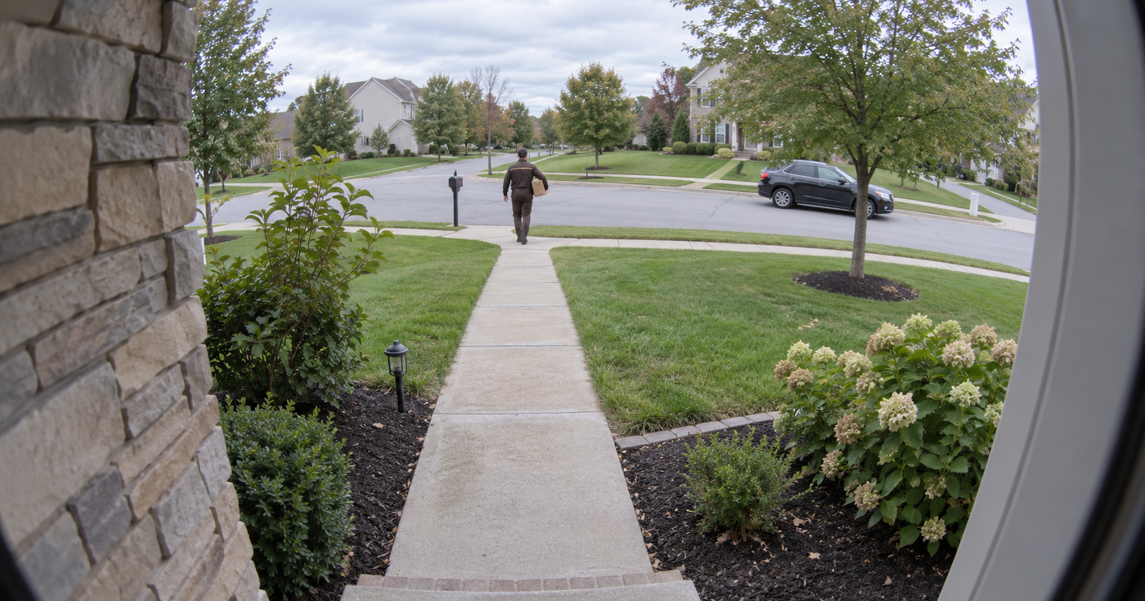View from a video doorbell across a suburban front yard, with a delivery person small in the distance at the sidewalk