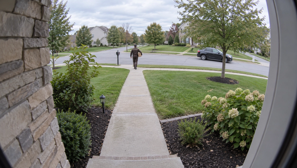 View from a video doorbell across a suburban front yard, with a delivery person small in the distance at the sidewalk