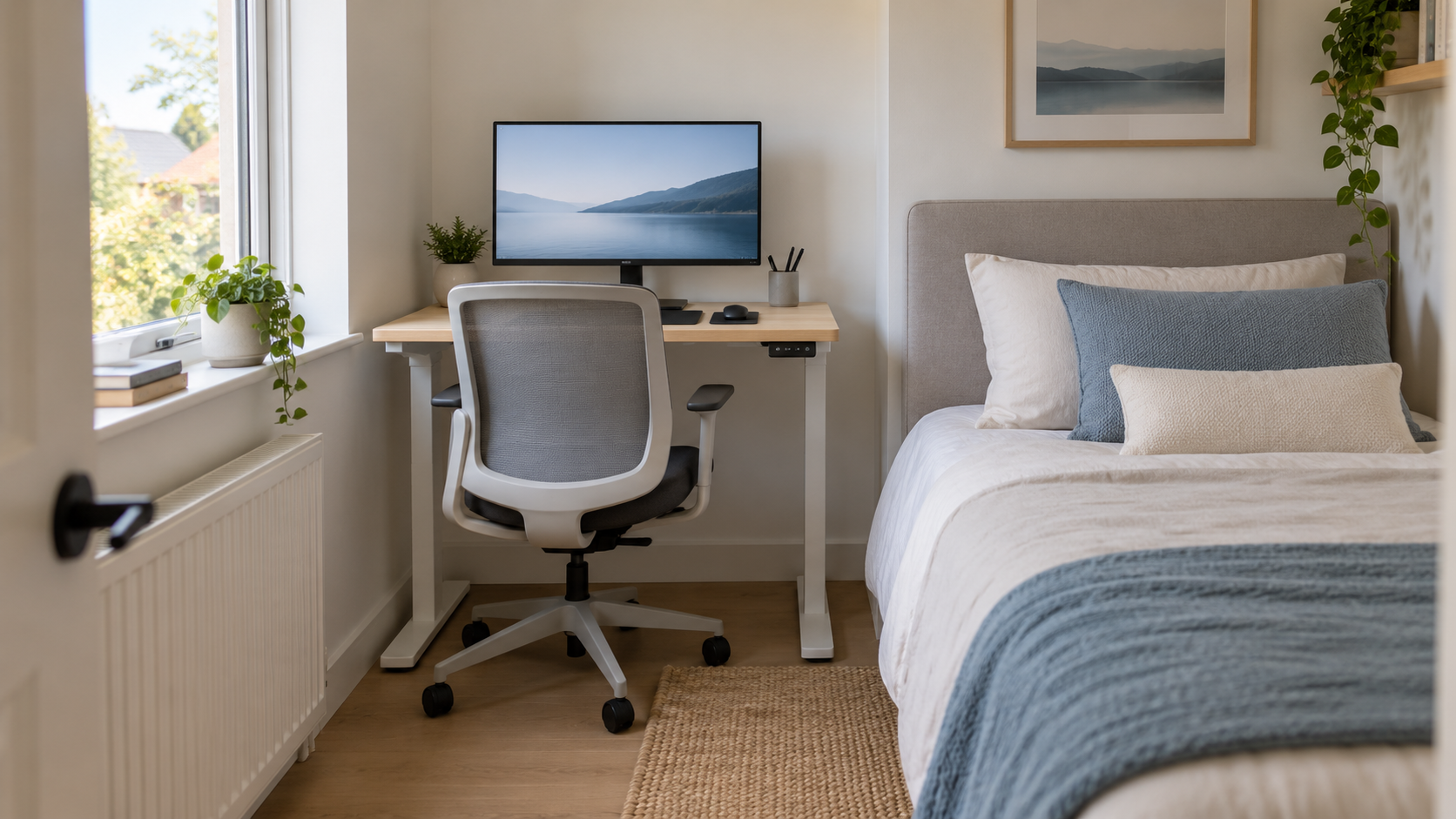 A compact electric standing desk with a single monitor set against the wall of a small bedroom, a bed close beside it, the desk lowered to sitting height.