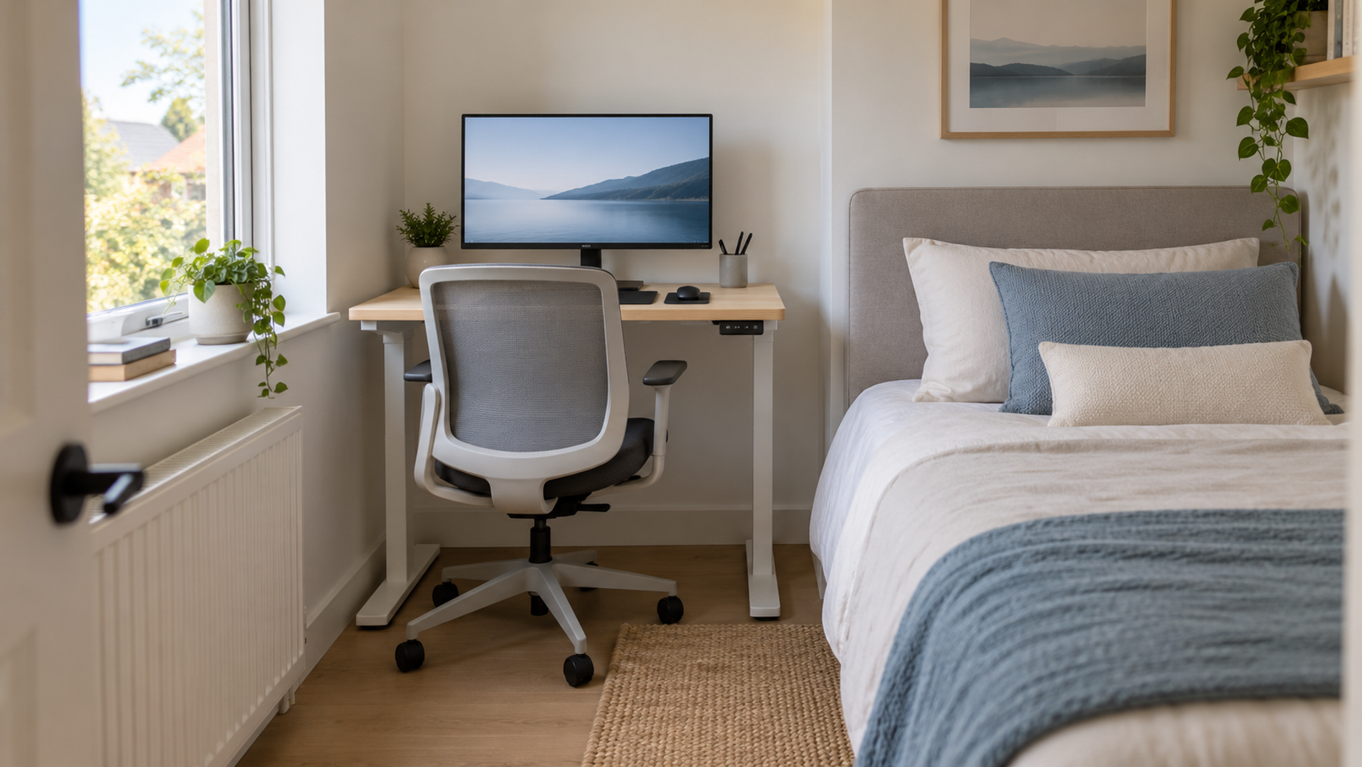 A compact electric standing desk with a single monitor set against the wall of a small bedroom, a bed close beside it, the desk lowered to sitting height.