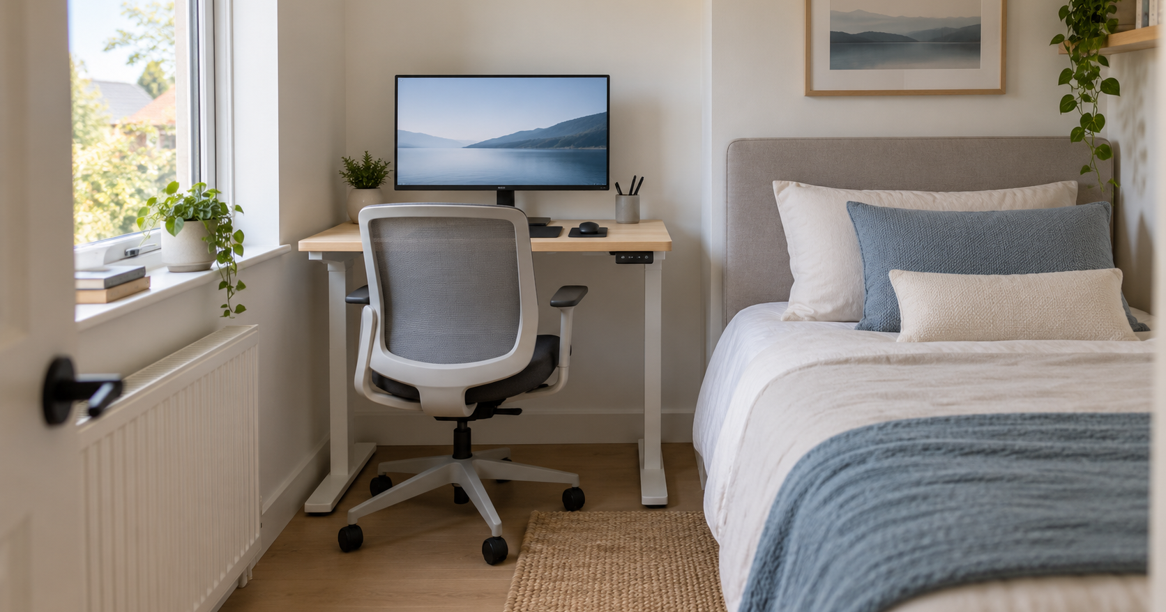 A compact electric standing desk with a single monitor set against the wall of a small bedroom, a bed close beside it, the desk lowered to sitting height.