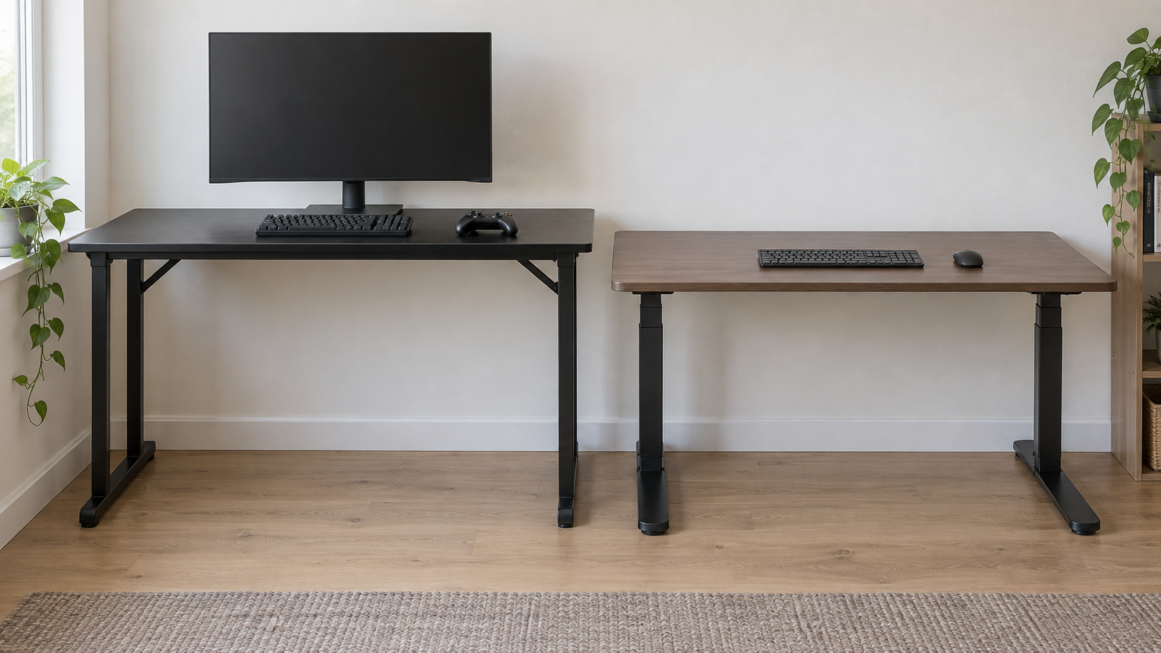 Two desks side by side in a small home office, seen from the side: a fixed-height gaming desk with a monitor and a game controller, and a lower height-adjustable desk with a keyboard.