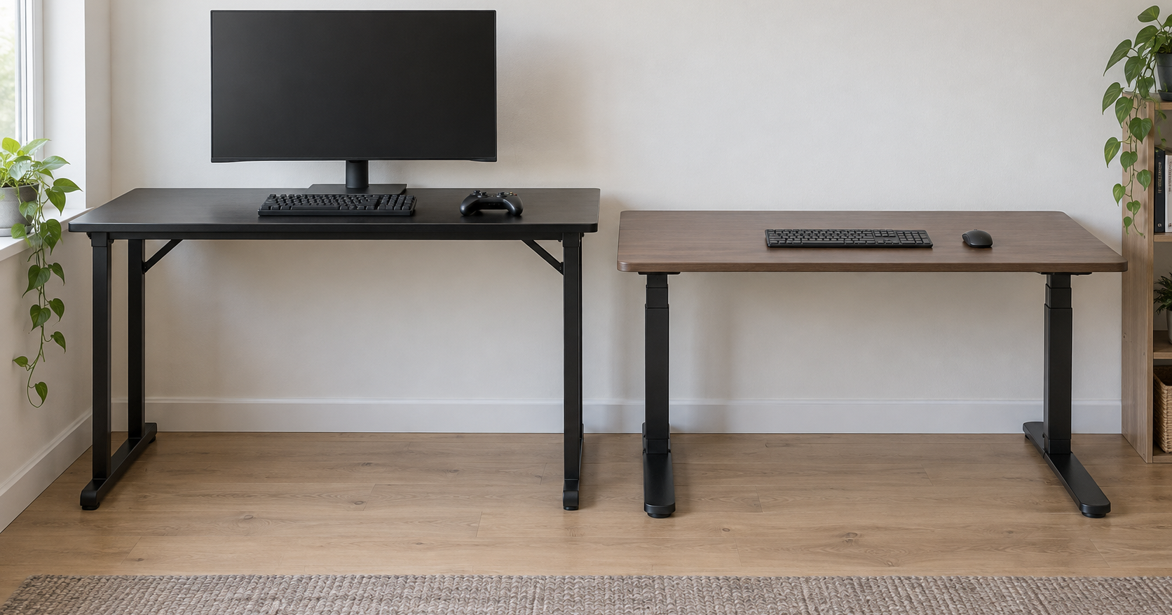 Two desks side by side in a small home office, seen from the side: a fixed-height gaming desk with a monitor and a game controller, and a lower height-adjustable desk with a keyboard.