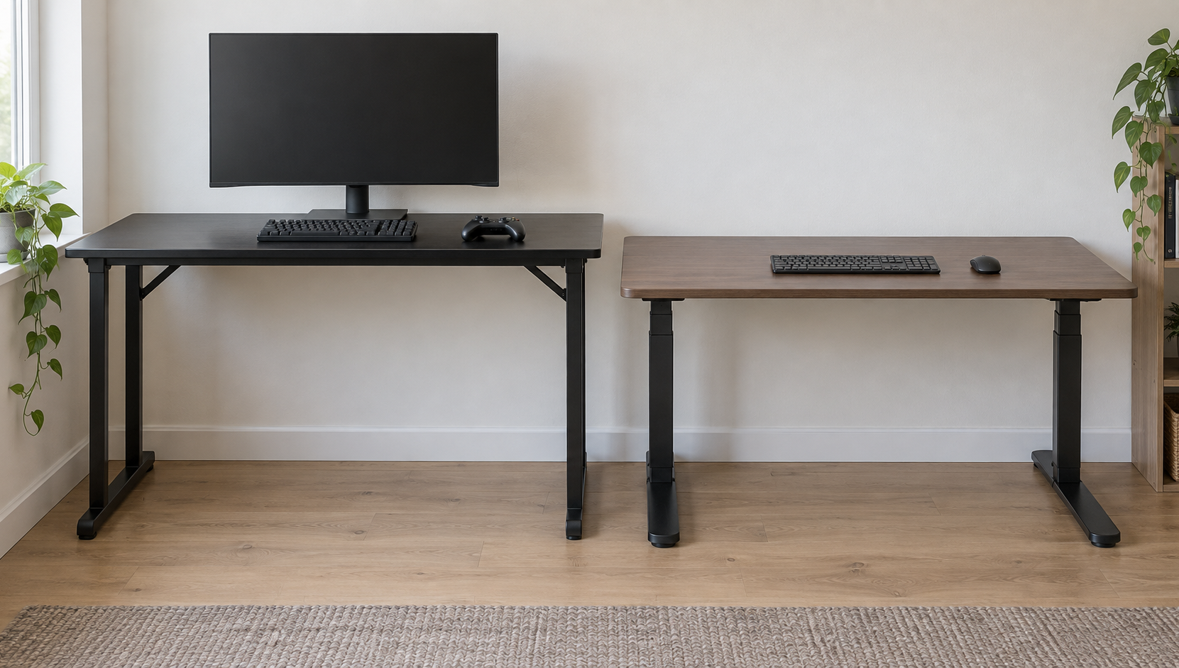 Two desks side by side in a small home office, seen from the side: a fixed-height gaming desk with a monitor and a game controller, and a lower height-adjustable desk with a keyboard.