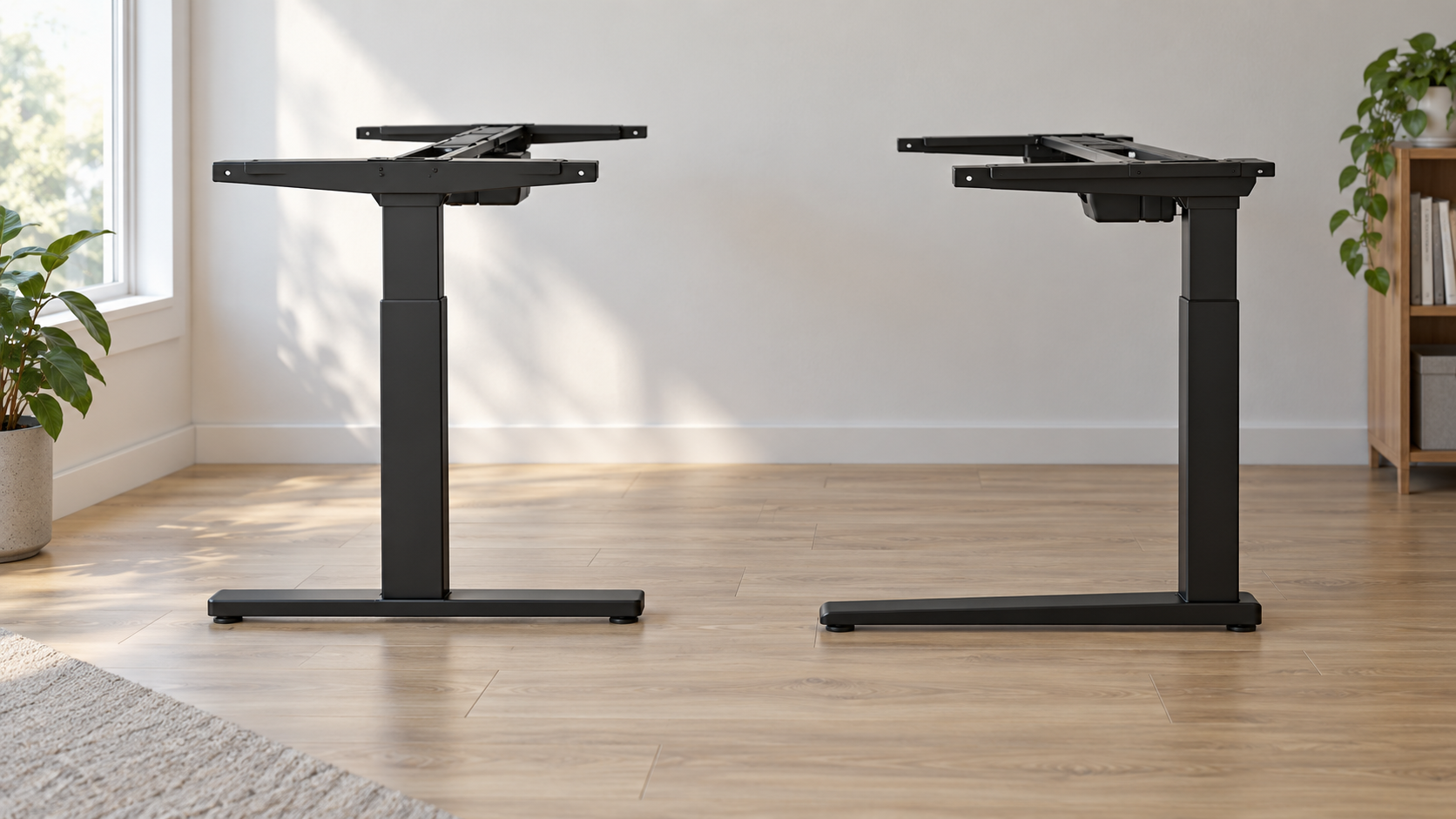 Two electric standing desk frames side by side in a home office, seen from the side: one with the leg in the middle of the foot, one with the leg near the back of the foot.