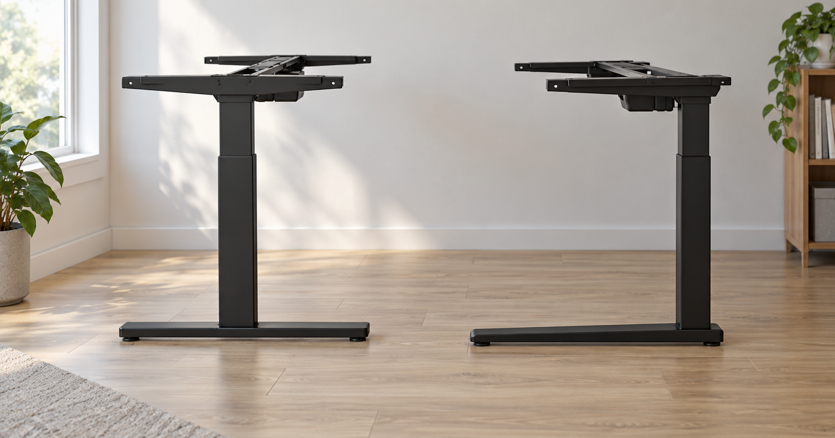 Two electric standing desk frames side by side in a home office, seen from the side: one with the leg in the middle of the foot, one with the leg near the back of the foot.