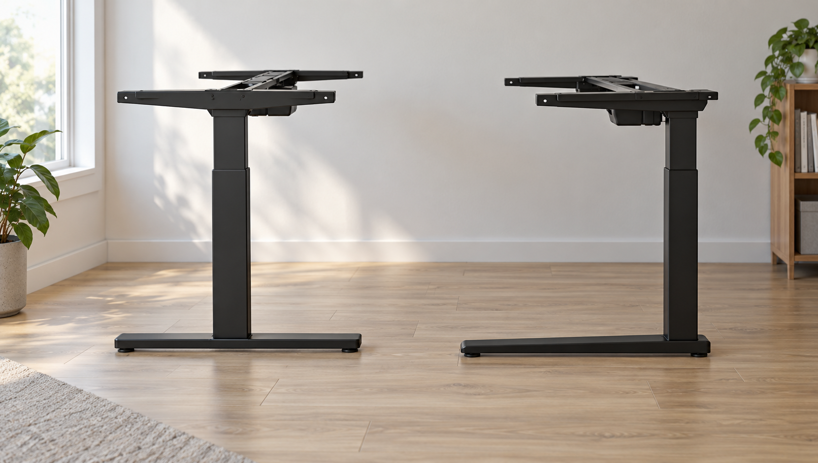 Two electric standing desk frames side by side in a home office, seen from the side: one with the leg in the middle of the foot, one with the leg near the back of the foot.