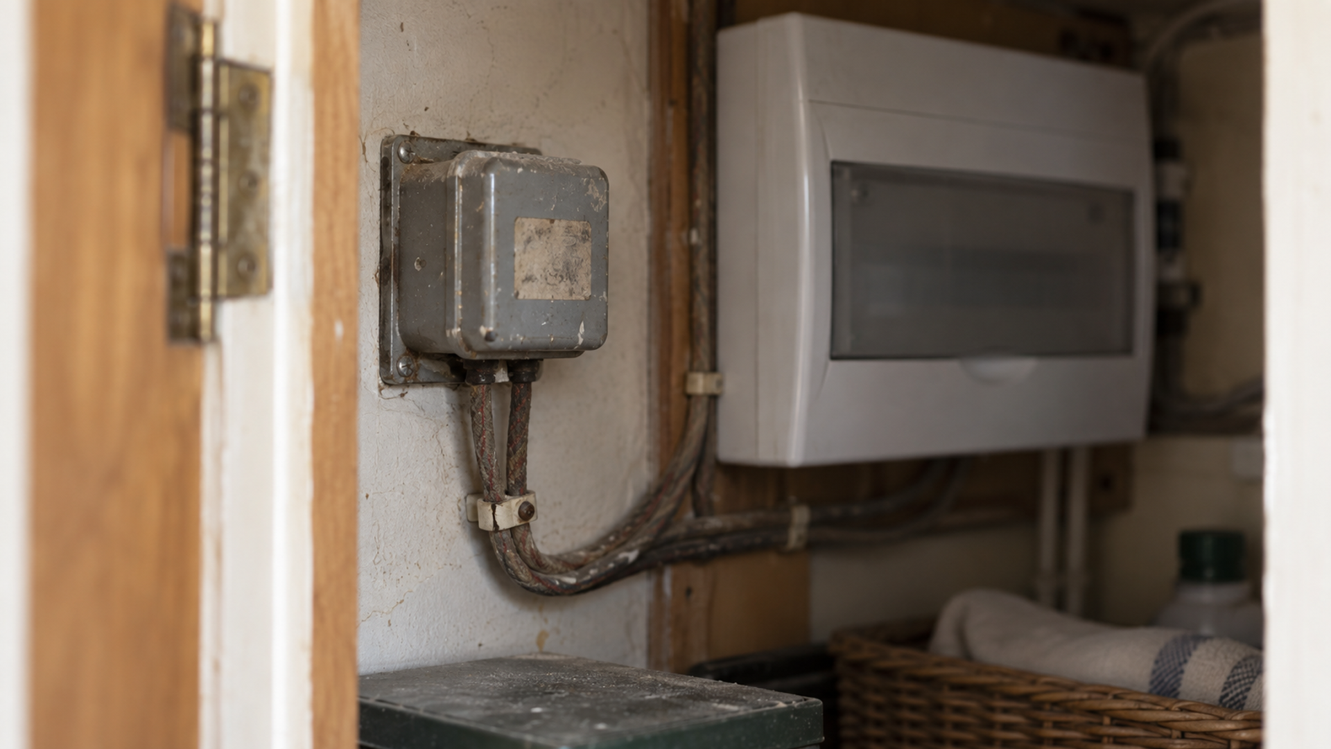 An old doorbell transformer mounted inside a hallway closet beside the breaker panel, with decades-old wiring running from it.