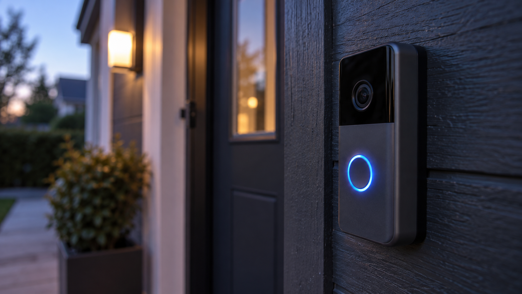 Close-up of a video doorbell at dusk with its ring light glowing blue