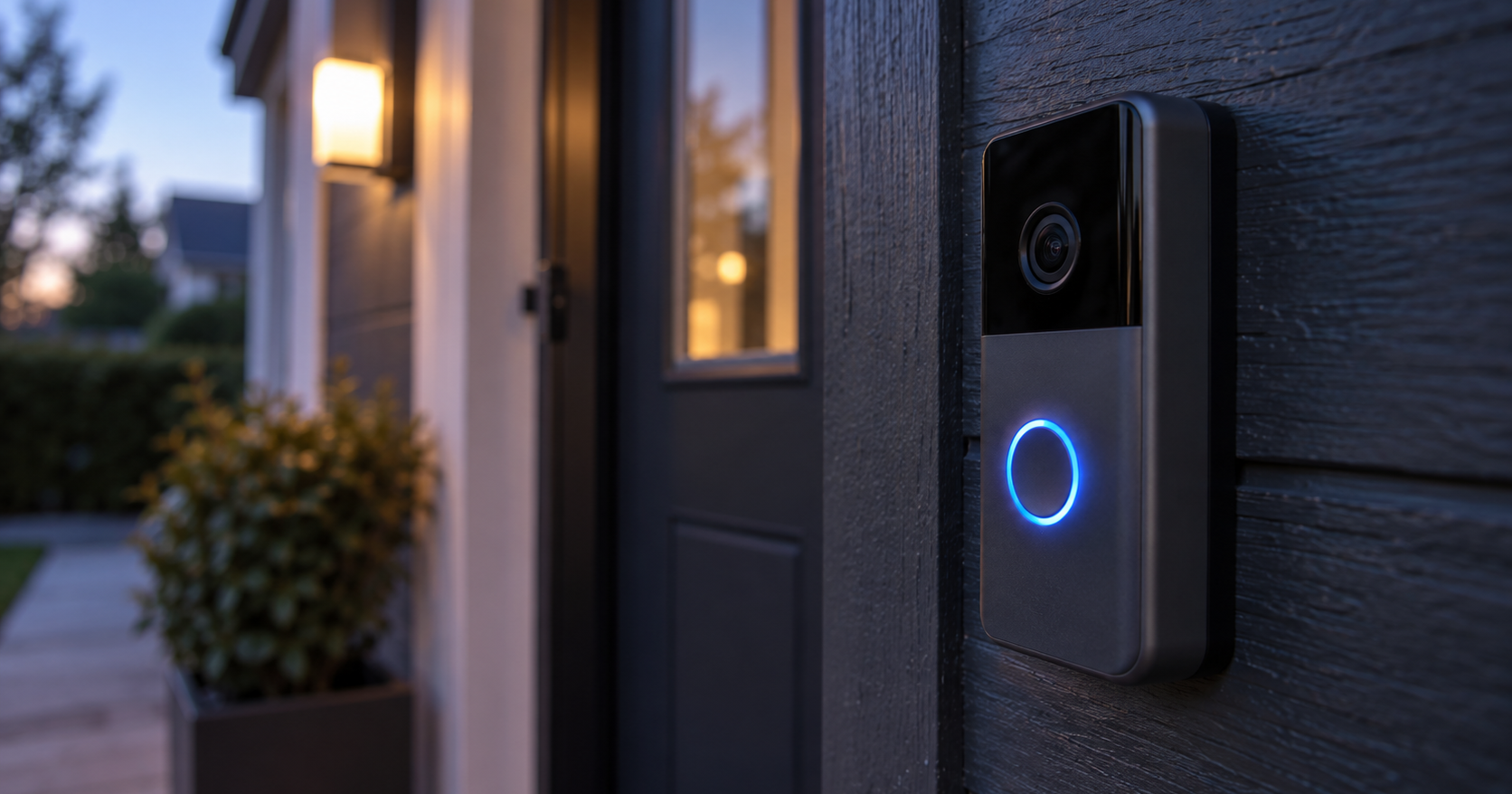 Close-up of a video doorbell at dusk with its ring light glowing blue