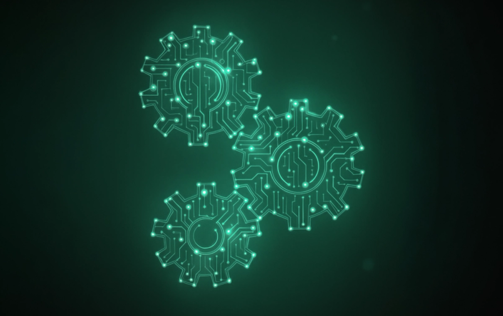 Three interconnected cogs constructed from data points