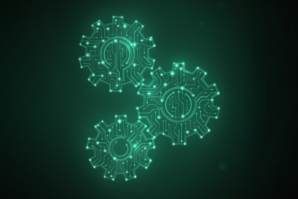 Three interconnected cogs constructed from data points