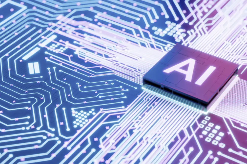 Artificial intelligence representation of a computer chip and AI written on it.