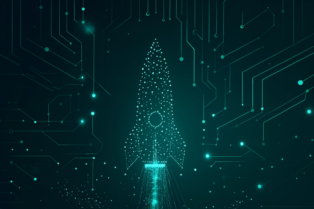 A rocket created from data points blasts off into a space of integrated data