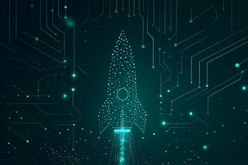 A rocket created from data points blasts off into a space of integrated data