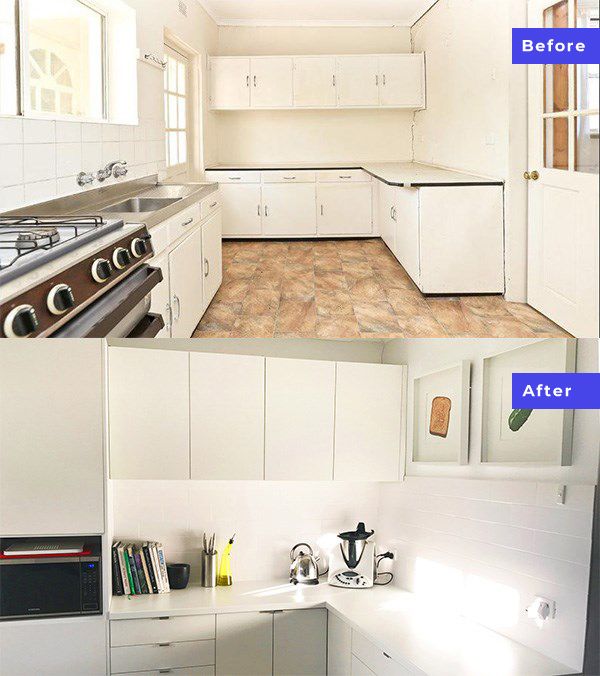 Before and after photo of an old kitchen updated with new cabinetry and paint.