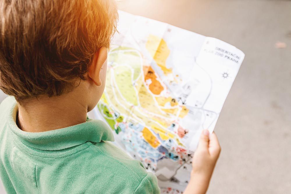 A child looks at a playful map.