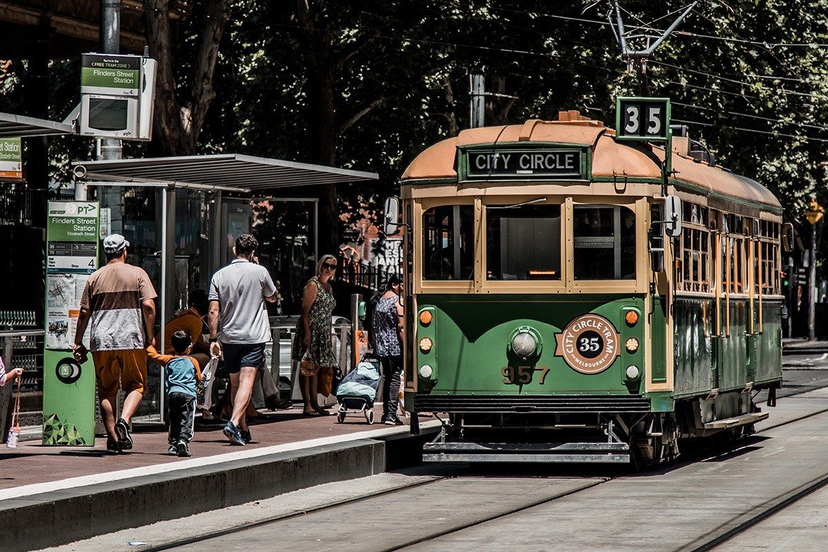 city circle tram and people walking to tram stop