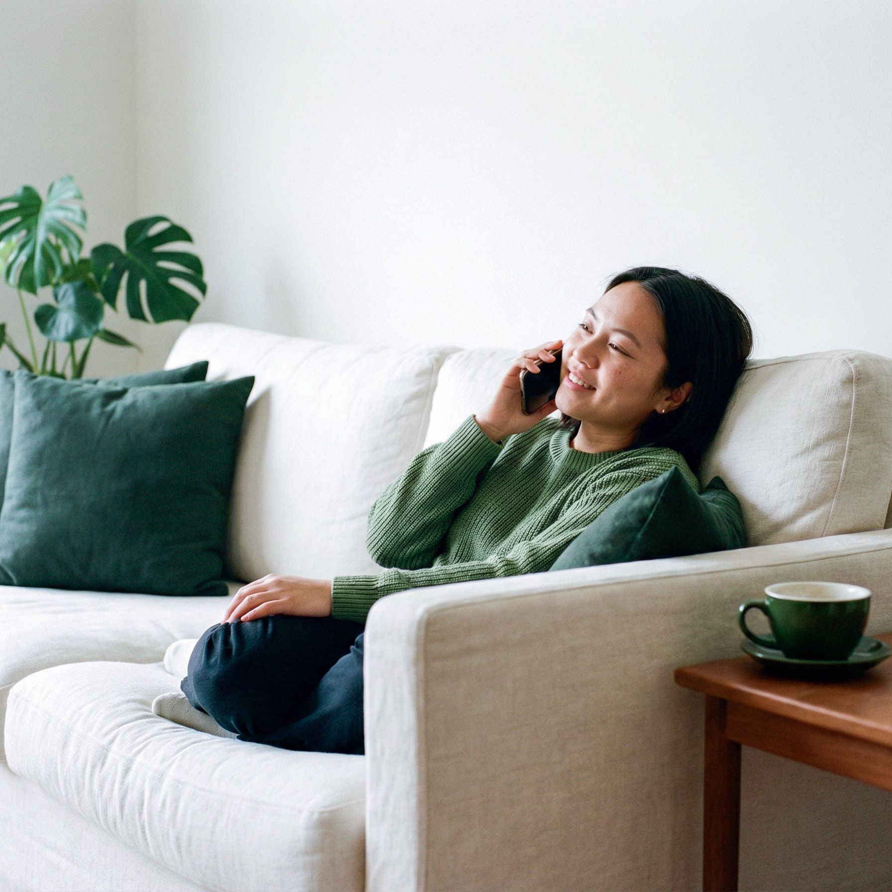 Woman sits on a couch taking a phone call
