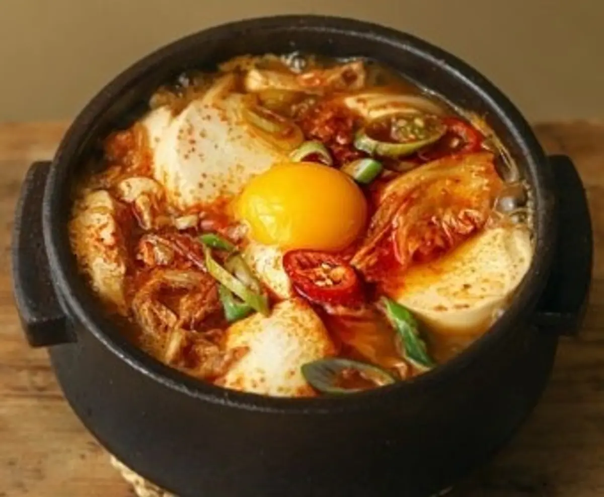 부드러운 두부, 김치, 고추, 생달걀 노른자가 들어간 검은 뚝배기에서 끓어오르는 순두부찌개