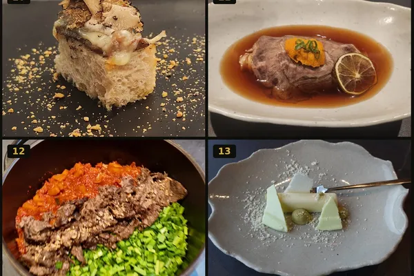 KUT SEOUL Signature dishes: Truffle Flower on sourdough, beef shank cold noodles with uni, stone pot rice and lemongrass panna cotta