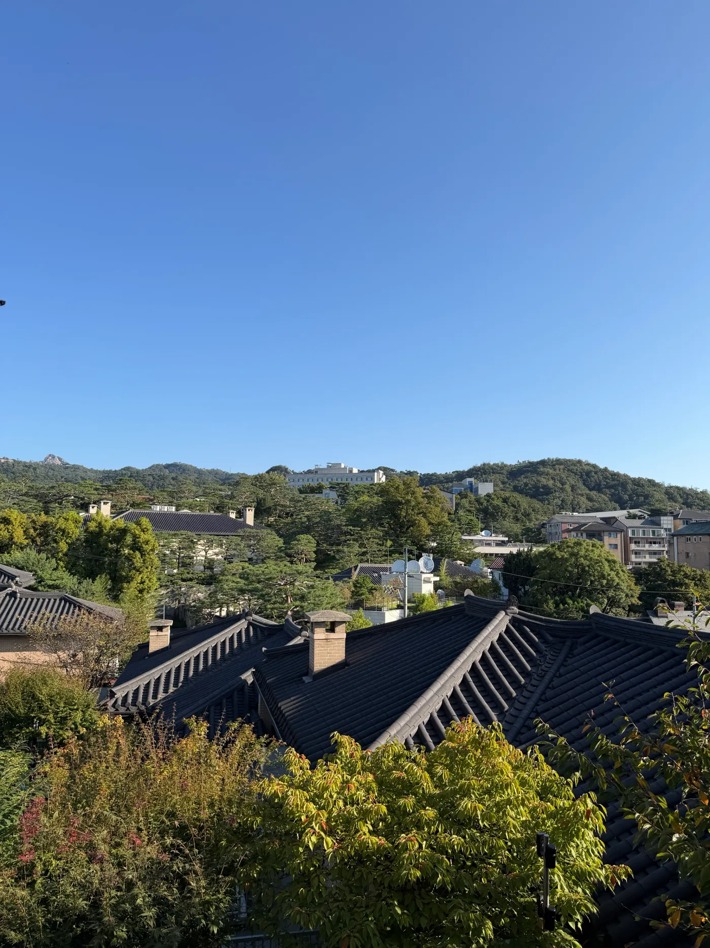 Tiled hanok rooftops in Bukchon Hanok Village with Bugaksan mountain behind