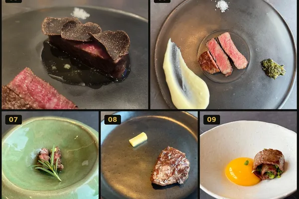 Five grilled Hanwoo courses at KUT SEOUL numbered 05 to 09: châteaubriand under black truffle, striploin with potato purée, and three smaller cuts
