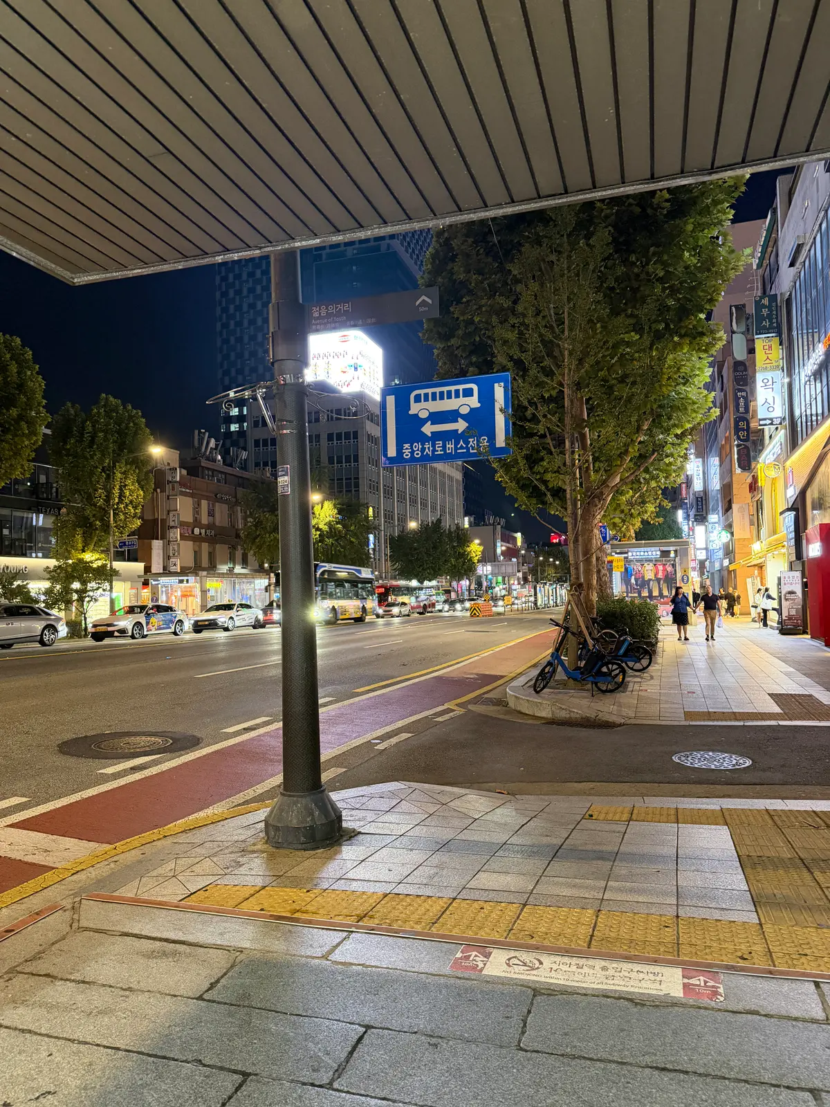 青年通り近くの夜の鍾路、車と店先の光景