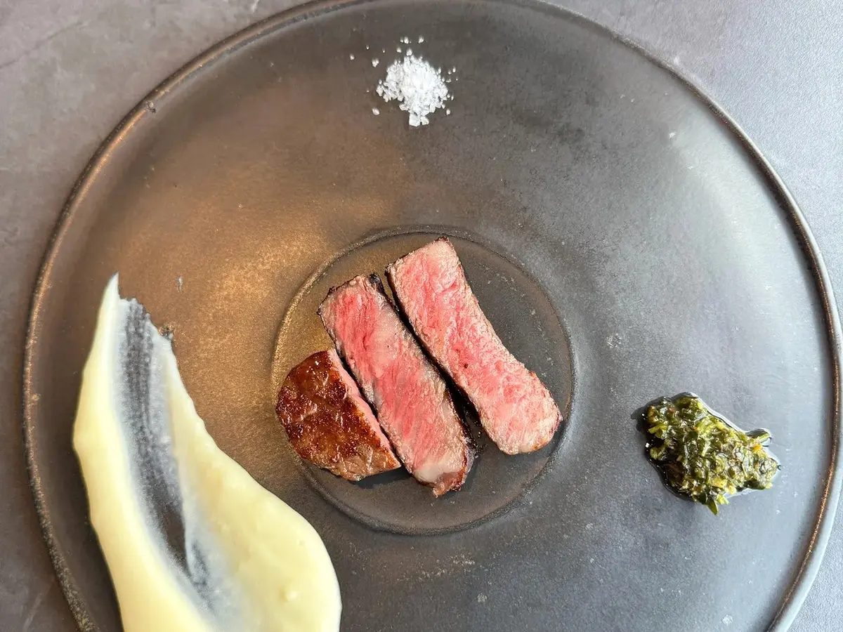 Seared striploin of wet-aged Hanwoo with potato purée and chimichurri at KUT SEOUL, Jongno