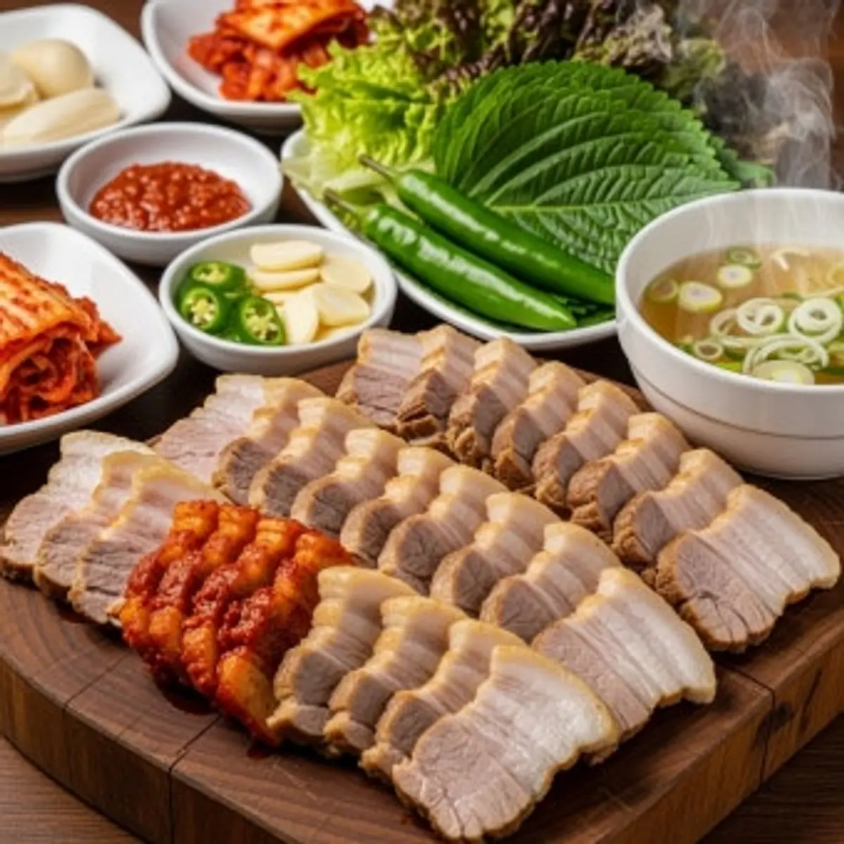 쌈 채소, 김치, 쌈장, 마늘, 국물이 함께 차려진 나무 도마 위의 보쌈 삼겹살