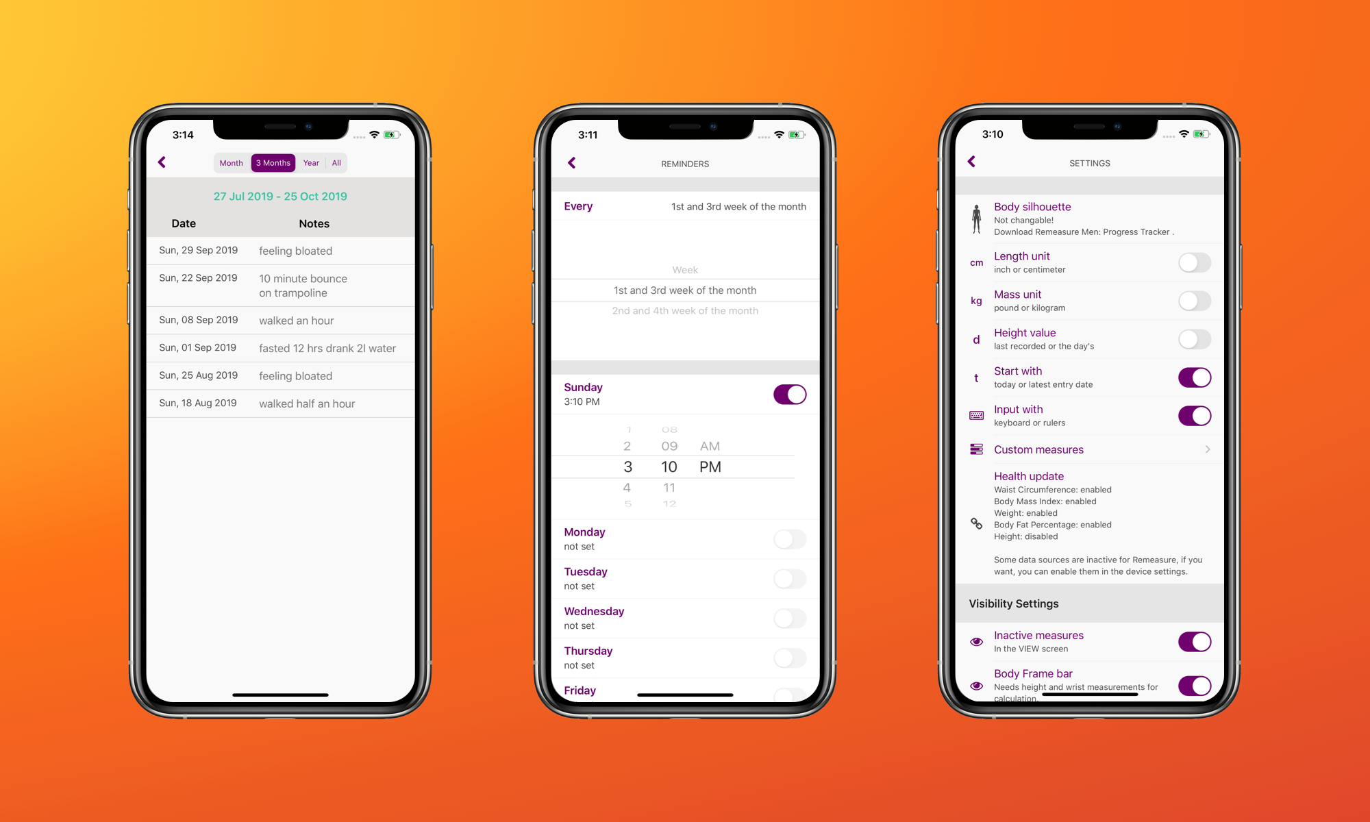reminders and settings