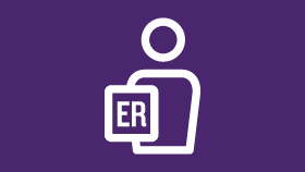 an icon of a person holding a box with the word er on it .