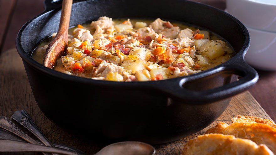 Potato Chicken Soup with Bacon in a Cast Iron Dutch Oven