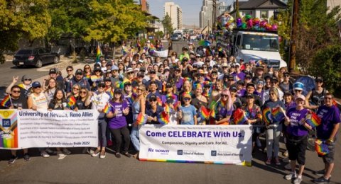 Employees, clinicians, learners and families from Renown, UNR Med and the Orvis School of Nursing celebrate together at the 2025 Northern Nevada Pride Parade and Festival.