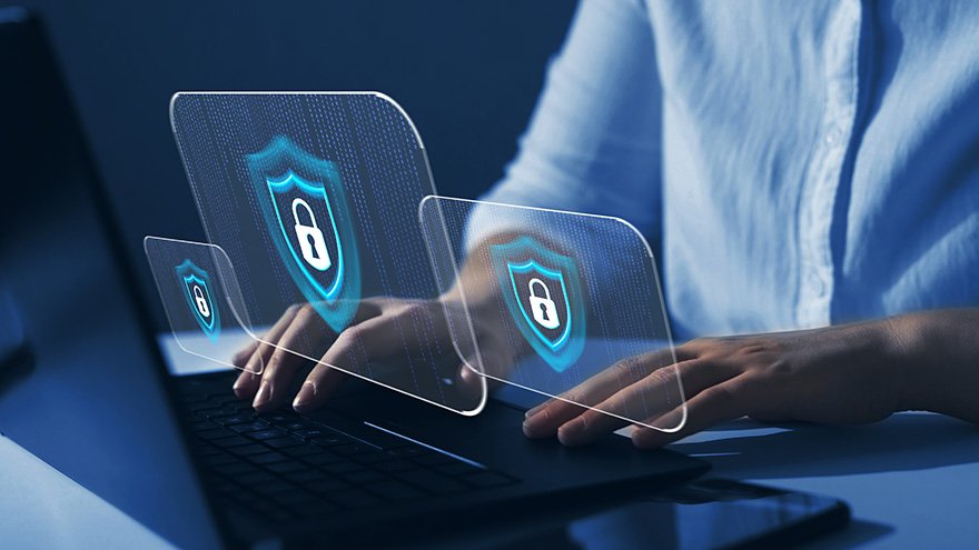 Woman on computer illustrating secure data management