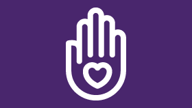 a white hand with a heart in the middle on a purple background .