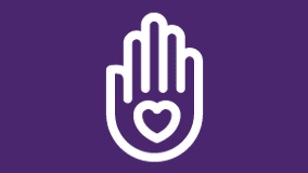 a white hand with a heart in the middle on a purple background .