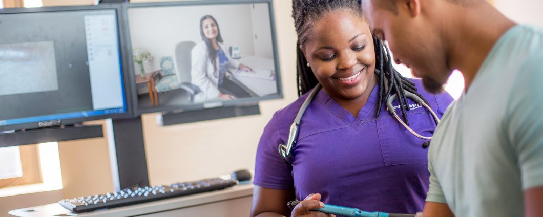 Patient being examined during a remote telehealth visit