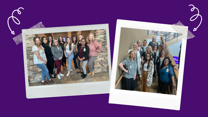 Two group photos of the Surgery and Procedure Scheduling team at Renown Health.