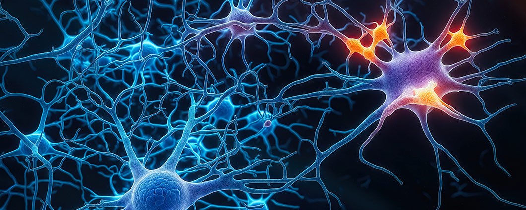 Firing Neurons - 3d rendered image of Neuron cell network on black background.