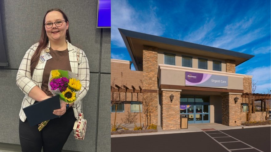 A two panel collage featuring Erin, senior medical assistant at Renown, posing with flowers and a certificate; photo to the right features the facade of Renown Medical Group-Fernley.