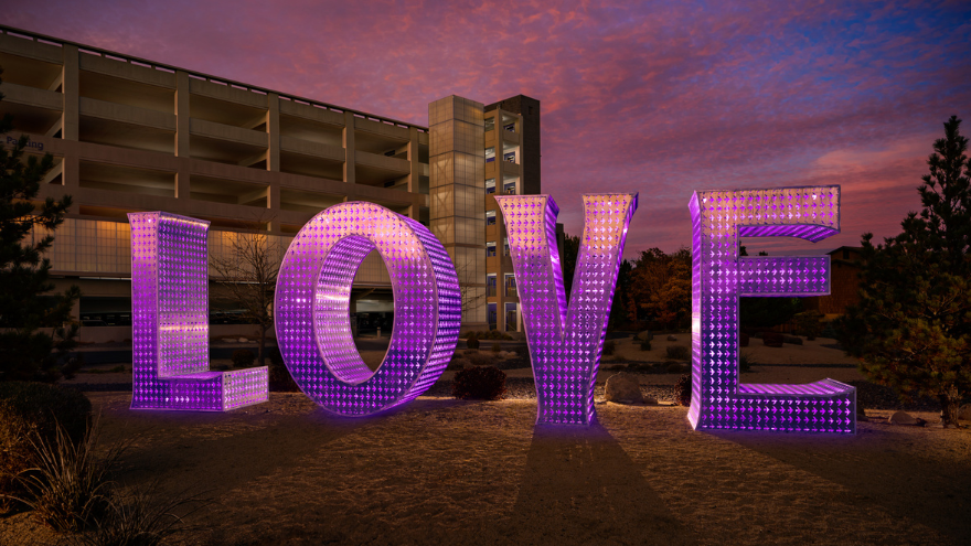 Purple LOVE sign at Renown Regional