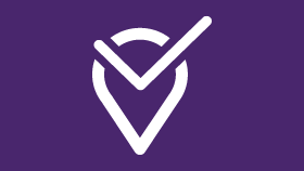 a white check mark inside of a heart on a purple background