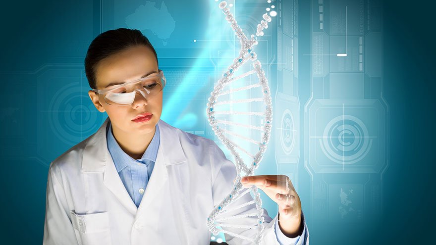 Female scientist physically assessing a DNA molecule
