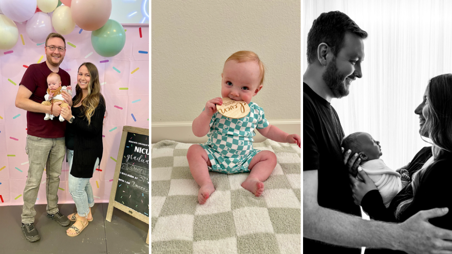 Three images are shown. Two family images with mom, dad and baby. The other image shows the baby sitting down. 