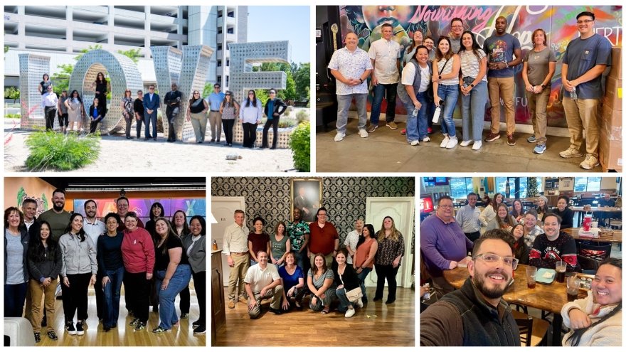 The Audit & Compliance team at Renown Health pose for several team photos, arranged in a five-panel collage.