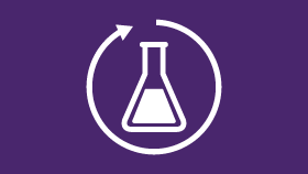 an icon of a beaker with a circle around it on a purple background .
